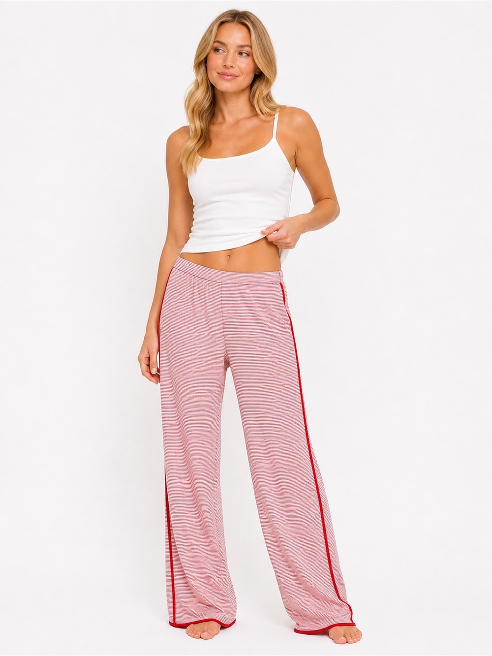 Lake Size Large 100% Pima Cotton Womens Wide-Leg Lounge Pants Red & White